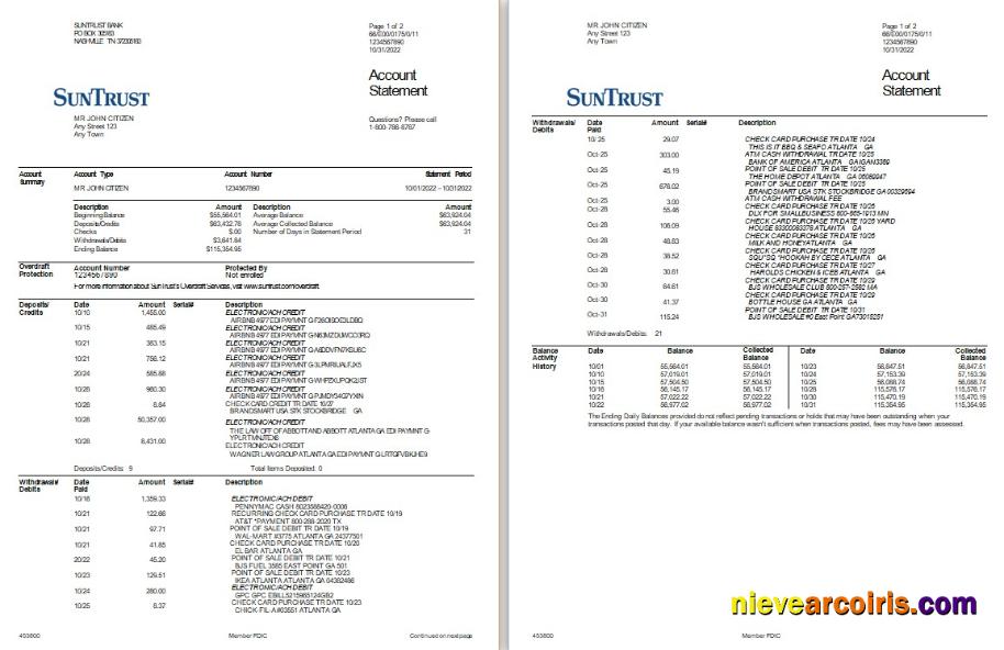 USA SunTrust bank statement, Word and PDF, 2 pages